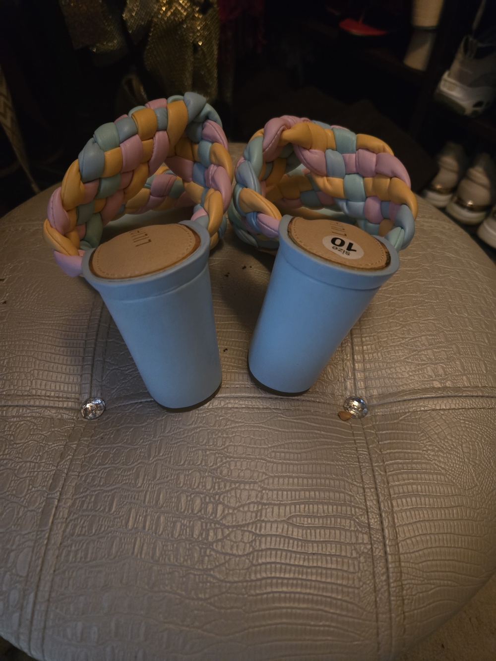 Liliana Multicolor Braided Strap Block Heel Sandals - Pastel Blue, Pink, Yellow